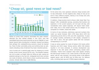 DNV GL © 2013
Market Summary
At the same time, liner operators welcome cheap bunkers with
no less enthusiasm. On the negative side, cheap oil may put an
end to many offshore projects, leaving a lot of ships and units
unemployed or even obsolete.
In addition, cheap bunkers tend to favour older ships! New “eco
designs” offer considerable savings, providing that bunkers are
expensive. In the current scenario, an 5-10 year old ship, with
considerably lower capital expenses, will require lower break-
even rates, thus in the overall picture may be cheaper to run
compared to a modern, brand new vessel.
In terms of new contracts, preliminary year-end numbers fully
match our earlier forecast. With 2,755 ships (82,6 mGT) the
newbuilding activity fell by 33% and 23% respectively. It gives
an average monthly contracting of 230 vessels, compared to
over 340 in 2013. The last quarter added 384 new contracts
corresponding to 11,8 mGT.
It was an active quarter for crude oil tankers (33) mainly within
Suezmax and VLCC range. Strong activity within LNG tankers
resulted in 25 more contracts. A contrary development was
observed in the LPG sector where contracting slowed down
noticeably. Twelve more container ships were signed, bringing
the total annual number to 152. Lower activity in the bulk carrier
sector, with 81 new contracts. Low activity levels in the offshore
support sector, with 20 AHTS and 16 PSVs only. For offshore
units, 10 drilling Jack-ups and 2 FPSOs deserve attention.
Falling oil prices have certainly dominated the news recently.
Although the dive started already in July 2014, very few
anticipated that prices would plummet as low as 50$/bbl or even
below! Record high oil production is blamed, however we believe
that perhaps the underperforming economy should be blamed
too. Most of other commodity prices are tumbling down as well,
clearly indicating a lack of demand thus lower industrial activity.
Low oil prices are in general great news for shipping as current
bunker prices hoover around $275/t only. The benefits however
are not so great, as freight rates are falling as well, wiping out
potential savings on the fuel bill. Undisputed short-term winners
are crude oil tankers, which thank to Asian countries stock-piling
process, harvest rates close to $80 000/day.
Cheap oil, good news or bad news?
GLOBAL SHIPPING MARKETSGLOBAL SHIPPING MARKETSGLOBAL SHIPPING MARKETSGLOBAL SHIPPING MARKETS
MONTHLY NEWBUILDING CONTRACTSMONTHLY NEWBUILDING CONTRACTSMONTHLY NEWBUILDING CONTRACTSMONTHLY NEWBUILDING CONTRACTS
0
100
200
300
400
500
FebJan Mar DecNovSep OctAugJulJunMayApr
20142013
3
 