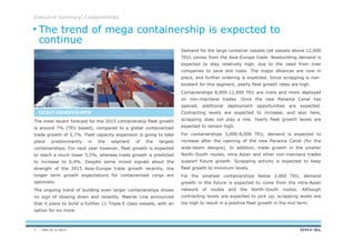 DNV GL © 2013
Executive Summary| Containerships
Demand for the large container vessels (all vessels above 12,000
TEU) comes from the Asia-Europe trade. Newbuilding demand is
expected to stay relatively high, due to the need from liner
companies to save slot costs. The major alliances are now in
place, and further ordering is expected. Since scrapping is non-
existent for this segment, yearly fleet growth rates are high.
Containerships 8,000-12,000 TEU are more and more deployed
on non-mainlane trades. Once the new Panama Canal has
opened, additional deployment opportunities are expected.
Contracting levels are expected to increase, and also here,
scrapping does not play a role. Yearly fleet growth levels are
expected to remain high.
For containerships 3,000-8,000 TEU, demand is expected to
increase after the opening of the new Panama Canal (for the
wide-beam designs). In addition, trade growth in the smaller
North–South routes, intra Asian and other non-mainlane trades
support future growth. Scrapping activity is expected to keep
fleet growth to minimum levels.
For the smallest containerships below 3,000 TEU, demand
growth in the future is expected to come from the intra-Asian
network of routes and the North–South routes. Although
contracting levels are expected to pick up, scrapping levels are
too high to result in a positive fleet growth in the mid term.
The most recent forecast for the 2015 containership fleet growth
is around 7% (TEU based), compared to a global containerized
trade growth of 5,7%. Fleet capacity expansion is going to take
place predominantly in the segment of the largest
containerships. For next year however, fleet growth is expected
to reach a much lower 5,5%, whereas trade growth is predicted
to increase to 6,4%. Despite some mixed signals about the
strength of the 2015 Asia–Europe trade growth recently, the
longer term growth expectations for containerised cargo are
optimistic.
The ongoing trend of building even larger containerships shows
no sign of slowing down and recently, Maersk Line announced
that it plans to build a further 11 Triple-E class vessels, with an
option for six more.
CONTAINERSHIPSCONTAINERSHIPSCONTAINERSHIPSCONTAINERSHIPS
The trend of mega containership is expected to
continue
7
 