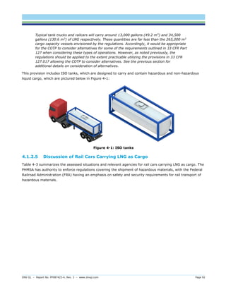 DNV GL – Report No. PP087423-4, Rev. 3 – www.dnvgl.com Page 92 
Typical tank trucks and railcars will carry around 13,000 gallons (49.2 m3) and 34,500 gallons (130.6 m3) of LNG respectively. These quantities are far less than the 265,000 m3 cargo capacity vessels envisioned by the regulations. Accordingly, it would be appropriate for the COTP to consider alternatives for some of the requirements outlined in 33 CFR Part 127 when considering these types of operations. However, as noted previously, the regulations should be applied to the extent practicable utilizing the provisions in 33 CFR 127.017 allowing the COTP to consider alternatives. See the previous section for additional details on consideration of alternatives. 
This provision includes ISO tanks, which are designed to carry and contain hazardous and non-hazardous liquid cargo, which are pictured below in Figure 4-1: 
Figure 4-1: ISO tanks 
4.1.2.5 Discussion of Rail Cars Carrying LNG as Cargo 
Table 4-3 summarizes the assessed situations and relevant agencies for rail cars carrying LNG as cargo. The PHMSA has authority to enforce regulations covering the shipment of hazardous materials, with the Federal Railroad Administration (FRA) having an emphasis on safety and security requirements for rail transport of hazardous materials.  