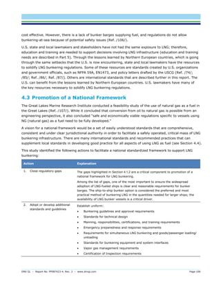 DNV GL – Report No. PP087423-4, Rev. 3 – www.dnvgl.com Page 106 
cost effective. However, there is a lack of bunker barges supplying fuel, and regulations do not allow bunkering-at-sea because of potential safety issues (Ref. /106/). 
U.S. state and local lawmakers and stakeholders have not had the same exposure to LNG; therefore, education and training are needed to support decisions involving LNG infrastructure (education and training needs are described in Part 5). Through the lessons learned by Northern European countries, which is going through the same setbacks that the U.S. is now encountering, state and local lawmakers have the resources to solidify LNG bunkering regulations. Some of these resources are standards created by U.S. organizations and government officials, such as NFPA 59A, EN1473, and policy letters drafted by the USCG (Ref. /74/; /85/; Ref. /86/; Ref. /87/). Others are international standards that are described further in this report. The U.S. can benefit from the lessons learned by Northern European countries. U.S. lawmakers have many of the key resources necessary to solidify LNG bunkering regulations. 
4.3 Promotion of a National Framework 
The Great Lakes Marine Research Institute conducted a feasibility study of the use of natural gas as a fuel in the Great Lakes (Ref. /107/). While it concluded that conversion from oil to natural gas is possible from an engineering perspective, it also concluded “safe and economically viable regulations specific to vessels using NG (natural gas) as a fuel need to be fully developed.” 
A vision for a national framework would be a set of easily understood standards that are comprehensive, consistent and under clear jurisdictional authority in order to facilitate a safely operated, critical mass of LNG bunkering infrastructure. There are many international standards and recommended practices that can supplement local standards in developing good practice for all aspects of using LNG as fuel (see Section 4.4). 
This study identified the following actions to facilitate a national standardized framework to support LNG bunkering: Action Explanation 
1. Close regulatory gaps 
The gaps highlighted in Section 4.1.2 are a critical component to promotion of a national framework for LNG bunkering. 
Among the list of gaps, one of the most important to ensure the widespread adoption of LNG-fueled ships is clear and reasonable requirements for bunker barges. The ship-to-ship bunker option is considered the preferred and most practical method of bunkering LNG in the quantities needed for larger ships; the availability of LNG bunker vessels is a critical driver. 
2. Adopt or develop additional standards and guidelines 
Establish uniform: 
 Bunkering guidelines and approval requirements 
 Standards for technical design 
 Manning, responsibilities, certifications, and training requirements 
 Emergency preparedness and response requirements 
 Requirements for simultaneous LNG bunkering and goods/passenger loading/ unloading 
 Standards for bunkering equipment and system interfaces 
 Vapor gas management requirements 
 Certification of Inspection requirements  
