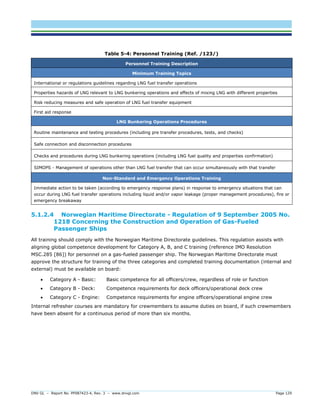 DNV GL – Report No. PP087423-4, Rev. 3 – www.dnvgl.com Page 129 
Table 5-4: Personnel Training (Ref. /123/) Personnel Training Description Minimum Training Topics 
International or regulations guidelines regarding LNG fuel transfer operations 
Properties hazards of LNG relevant to LNG bunkering operations and effects of mixing LNG with different properties 
Risk reducing measures and safe operation of LNG fuel transfer equipment 
First aid response LNG Bunkering Operations Procedures 
Routine maintenance and testing procedures (including pre transfer procedures, tests, and checks) 
Safe connection and disconnection procedures 
Checks and procedures during LNG bunkering operations (including LNG fuel quality and properties confirmation) 
SIMOPS - Management of operations other than LNG fuel transfer that can occur simultaneously with that transfer Non-Standard and Emergency Operations Training 
Immediate action to be taken (according to emergency response plans) in response to emergency situations that can occur during LNG fuel transfer operations including liquid and/or vapor leakage (proper management procedures), fire or emergency breakaway 
5.1.2.4 Norwegian Maritime Directorate - Regulation of 9 September 2005 No. 1218 Concerning the Construction and Operation of Gas-Fueled Passenger Ships 
All training should comply with the Norwegian Maritime Directorate guidelines. This regulation assists with aligning global competence development for Category A, B, and C training (reference IMO Resolution MSC.285 [86]) for personnel on a gas-fueled passenger ship. The Norwegian Maritime Directorate must approve the structure for training of the three categories and completed training documentation (internal and external) must be available on board: 
 Category A - Basic: Basic competence for all officers/crew, regardless of role or function 
 Category B - Deck: Competence requirements for deck officers/operational deck crew 
 Category C - Engine: Competence requirements for engine officers/operational engine crew 
Internal refresher courses are mandatory for crewmembers to assume duties on board, if such crewmembers have been absent for a continuous period of more than six months.  