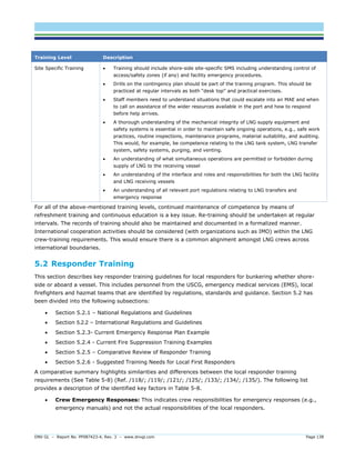 DNV GL – Report No. PP087423-4, Rev. 3 – www.dnvgl.com Page 138 
Training Level Description 
Site Specific Training 
 Training should include shore-side site-specific SMS including understanding control of access/safety zones (if any) and facility emergency procedures. 
 Drills on the contingency plan should be part of the training program. This should be practiced at regular intervals as both “desk top” and practical exercises. 
 Staff members need to understand situations that could escalate into an MAE and when to call on assistance of the wider resources available in the port and how to respond before help arrives. 
 A thorough understanding of the mechanical integrity of LNG supply equipment and safety systems is essential in order to maintain safe ongoing operations, e.g., safe work practices, routine inspections, maintenance programs, material suitability, and auditing. This would, for example, be competence relating to the LNG tank system, LNG transfer system, safety systems, purging, and venting. 
 An understanding of what simultaneous operations are permitted or forbidden during supply of LNG to the receiving vessel 
 An understanding of the interface and roles and responsibilities for both the LNG facility and LNG receiving vessels 
 An understanding of all relevant port regulations relating to LNG transfers and emergency response 
For all of the above-mentioned training levels, continued maintenance of competence by means of refreshment training and continuous education is a key issue. Re-training should be undertaken at regular intervals. The records of training should also be maintained and documented in a formalized manner. International cooperation activities should be considered (with organizations such as IMO) within the LNG crew-training requirements. This would ensure there is a common alignment amongst LNG crews across international boundaries. 
5.2 Responder Training 
This section describes key responder training guidelines for local responders for bunkering whether shore- side or aboard a vessel. This includes personnel from the USCG, emergency medical services (EMS), local firefighters and hazmat teams that are identified by regulations, standards and guidance. Section 5.2 has been divided into the following subsections: 
 Section 5.2.1 – National Regulations and Guidelines 
 Section 5.2.2 – International Regulations and Guidelines 
 Section 5.2.3- Current Emergency Response Plan Example 
 Section 5.2.4 - Current Fire Suppression Training Examples 
 Section 5.2.5 – Comparative Review of Responder Training 
 Section 5.2.6 - Suggested Training Needs for Local First Responders 
A comparative summary highlights similarities and differences between the local responder training requirements (See Table 5-8) (Ref. /118/; /119/; /121/; /125/; /133/; /134/; /135/). The following list provides a description of the identified key factors in Table 5-8. 
 Crew Emergency Responses: This indicates crew responsibilities for emergency responses (e.g., emergency manuals) and not the actual responsibilities of the local responders.  