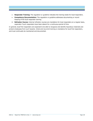 DNV GL – Report No. PP087423-4, Rev. 3 – www.dnvgl.com Page 139 
 Responder Training: The regulation or guideline indicates the training needs for local responders. 
 Competency Documentation: The regulation or guideline addresses documenting or record keeping of the local responder training. 
 Refresher Course: Internal refresher courses are mandatory for local responders on a regular basis, especially if such responders have been absent for a continuous period of time. 
In general, local first responders are expected to be able to recognize and identify hazardous materials and protect employees from such hazards. Initial and recurrent training is mandatory for local first responders, and must continually be maintained and documented.  