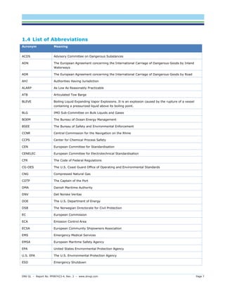 DNV GL – Report No. PP087423-4, Rev. 3 – www.dnvgl.com Page 7 
1.4 List of Abbreviations Acronym Meaning 
ACDS 
Advisory Committee on Dangerous Substances 
ADN 
The European Agreement concerning the International Carriage of Dangerous Goods by Inland Waterways 
ADR 
The European Agreement concerning the International Carriage of Dangerous Goods by Road 
AHJ 
Authorities Having Jurisdiction 
ALARP 
As Low As Reasonably Practicable 
ATB 
Articulated Tow Barge 
BLEVE 
Boiling Liquid Expanding Vapor Explosions. It is an explosion caused by the rupture of a vessel containing a pressurized liquid above its boiling point. 
BLG 
IMO Sub-Committee on Bulk Liquids and Gases 
BOEM 
The Bureau of Ocean Energy Management 
BSEE 
The Bureau of Safety and Environmental Enforcement 
CCNR 
Central Commission for the Navigation on the Rhine 
CCPS 
Center for Chemical Process Safety 
CEN 
European Committee for Standardisation 
CENELEC 
European Committee for Electrotechnical Standardisation 
CFR 
The Code of Federal Regulations 
CG-OES 
The U.S. Coast Guard Office of Operating and Environmental Standards 
CNG 
Compressed Natural Gas 
COTP 
The Captain of the Port 
DMA 
Danish Maritime Authority 
DNV 
Det Norske Veritas 
DOE 
The U.S. Department of Energy 
DSB 
The Norwegian Directorate for Civil Protection 
EC 
European Commission 
ECA 
Emission Control Area 
ECSA 
European Community Shipowners Association 
EMS 
Emergency Medical Services 
EMSA 
European Maritime Safety Agency 
EPA 
United States Environmental Protection Agency 
U.S. EPA 
The U.S. Environmental Protection Agency 
ESD 
Emergency Shutdown  