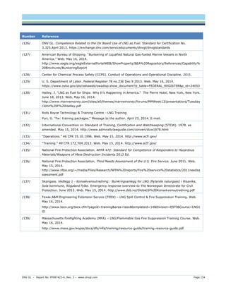 DNV GL – Report No. PP087423-4, Rev. 3 – www.dnvgl.com Page 154 
Number Reference 
/126/ 
DNV GL. Competence Related to the On Board Use of LNG as Fuel. Standard for Certification No. 3.325.April 2013. https://exchange.dnv.com/servicedocuments/dnvgl/dnvglstandards 
/127/ 
American Bureau of Shipping. “Bunkering of Liquefied Natural Gas-fueled Marine Vessels in North America.” Web. May 16, 2014. http://www.eagle.org/eagleExternalPortalWEB/ShowProperty/BEA%20Repository/References/Capability% 20Brochures/BunkeringReport 
/128/ 
Center for Chemical Process Safety (CCPS). Conduct of Operations and Operational Discipline. 2011. 
/129/ 
U. S. Department of Labor. Federal Register 78 no.236 Dec 9 2013. Web. May 16, 2014. https://www.osha.gov/pls/oshaweb/owadisp.show_document?p_table=FEDERAL_REGISTER&p_id=24053 
/130/ 
Hatley, J. “LNG as Fuel for Ships: Why It’s Happening in America.” The Pierre Hotel, New York, New York. June 18, 2013. Web. May 16, 2014. http://www.marinemoney.com/sites/all/themes/marinemoney/forums/MMWeek13/presentations/Tuesday/John%20F%20Hatley.pdf 
/131/ 
Rolls Royce Technology & Training Centre - LNG Training 
Puri, G. "Fw: training packages." Message to the author. April 23, 2014. E-mail. 
/132/ 
International Convention on Standard of Training, Certification and Watchkeeping (STCW). 1978. as amended. May 15, 2014. http://www.admiraltylawguide.com/conven/stcw1978.html 
/133/ 
“Operations.” 46 CFR 35.10.1996. Web. May 15, 2014. http://www.ecfr.gov/ 
/134/ 
“Training.” 49 CFR 172.704.2013. Web. May 15, 2014. http://www.ecfr.gov/ 
/135/ 
National Fire Protection Association. NFPA 472: Standard for Competence of Responders to Hazardous Materials/Weapons of Mass Destruction Incidents.2013 Ed. 
/136/ 
National Fire Protection Association. Third Needs Assessment of the U.S. Fire Service. June 2011. Web. May 15, 2014. http://www.nfpa.org/~/media/Files/Research/NFPA%20reports/Fire%20service%20statistics/2011needsassessment.pdf 
/137/ 
Skangass. Vedlegg 1 - Konsekvensutredning: Bunkringsanlegg for LNG (flytende naturgass) i Risavika, Sola kommune, Rogaland fylke. Emergency response overview to The Norwegian Directorate for Civil Protection. June 2013. Web. May 15, 2014. http://www.dsb.no/Global/6%20Konsekvensutredning.pdf 
/138/ 
Texas A&M Engineering Extension Service (TEEX) – LNG Spill Control & Fire Suppression Training. Web. May 16, 2014. 
http://www.teex.org/teex.cfm?pageid=training&area=teex&templateid=14&Division=ESTI&Course=LNG101 
/139/ 
Massachusetts Firefighting Academy (MFA) – LNG/Flammable Gas Fire Suppression Training Course. Web. May 16, 2014. 
http://www.mass.gov/eopss/docs/dfs/mfa/training/resource-guide/training-resource-guide.pdf 
 