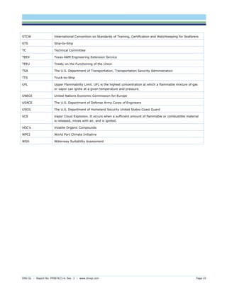 DNV GL – Report No. PP087423-4, Rev. 3 – www.dnvgl.com Page 10 
STCW 
International Convention on Standards of Training, Certification and Watchkeeping for Seafarers 
STS 
Ship-to-Ship 
TC 
Technical Committee 
TEEX 
Texas A&M Engineering Extension Service 
TFEU 
Treaty on the Functioning of the Union 
TSA 
The U.S. Department of Transportation, Transportation Security Administration 
TTS 
Truck-to-Ship 
UFL 
Upper Flammability Limit. UFL is the highest concentration at which a flammable mixture of gas or vapor can ignite at a given temperature and pressure. 
UNECE 
United Nations Economic Commission for Europe 
USACE 
The U.S. Department of Defense Army Corps of Engineers 
USCG 
The U.S. Department of Homeland Security United States Coast Guard 
VCE 
Vapor Cloud Explosion. It occurs when a sufficient amount of flammable or combustible material is released, mixes with air, and is ignited. 
VOC’s 
Volatile Organic Compounds 
WPCI 
World Port Climate Initiative 
WSA 
Waterway Suitability Assessment 
 