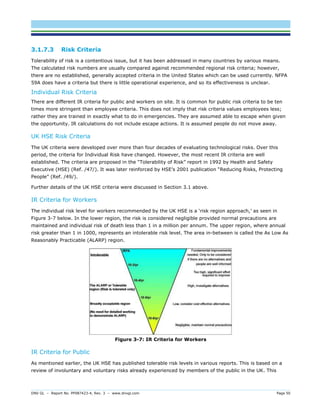 DNV GL – Report No. PP087423-4, Rev. 3 – www.dnvgl.com Page 50 
3.1.7.3 Risk Criteria 
Tolerability of risk is a contentious issue, but it has been addressed in many countries by various means. The calculated risk numbers are usually compared against recommended regional risk criteria; however, there are no established, generally accepted criteria in the United States which can be used currently. NFPA 59A does have a criteria but there is little operational experience, and so its effectiveness is unclear. 
Individual Risk Criteria 
There are different IR criteria for public and workers on site. It is common for public risk criteria to be ten times more stringent than employee criteria. This does not imply that risk criteria values employees less; rather they are trained in exactly what to do in emergencies. They are assumed able to escape when given the opportunity. IR calculations do not include escape actions. It is assumed people do not move away. 
UK HSE Risk Criteria 
The UK criteria were developed over more than four decades of evaluating technological risks. Over this period, the criteria for Individual Risk have changed. However, the most recent IR criteria are well established. The criteria are proposed in the “Tolerability of Risk” report in 1992 by Health and Safety Executive (HSE) (Ref. /47/). It was later reinforced by HSE’s 2001 publication “Reducing Risks, Protecting People” (Ref. /49/). 
Further details of the UK HSE criteria were discussed in Section 3.1 above. 
IR Criteria for Workers 
The individual risk level for workers recommended by the UK HSE is a ‘risk region approach,’ as seen in Figure 3-7 below. In the lower region, the risk is considered negligible provided normal precautions are maintained and individual risk of death less than 1 in a million per annum. The upper region, where annual risk greater than 1 in 1000, represents an intolerable risk level. The area in-between is called the As Low As Reasonably Practicable (ALARP) region. 
Figure 3-7: IR Criteria for Workers 
IR Criteria for Public 
As mentioned earlier, the UK HSE has published tolerable risk levels in various reports. This is based on a review of involuntary and voluntary risks already experienced by members of the public in the UK. This  