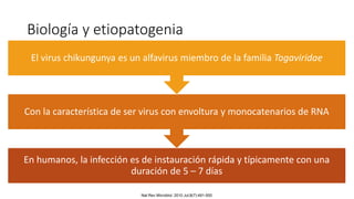 Biología y etiopatogenia
En humanos, la infección es de instauración rápida y típicamente con una
duración de 5 – 7 días
Con la característica de ser virus con envoltura y monocatenarios de RNA
El virus chikungunya es un alfavirus miembro de la familia Togaviridae
Nat Rev Microbiol. 2010 Jul;8(7):491-500
 