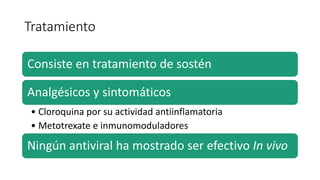 Tratamiento
Consiste en tratamiento de sostén
Analgésicos y sintomáticos
• Cloroquina por su actividad antiinflamatoria
• Metotrexate e inmunomoduladores
Ningún antiviral ha mostrado ser efectivo In vivo
 
