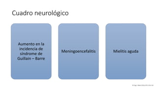 Cuadro neurológico
Aumento en la
incidencia de
síndrome de
Guillain – Barre
Meningoencefalitis Mielitis aguda
N Engl J Med 2016;374:1552-63
 