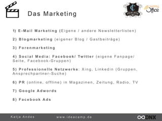 Das Marketing 
1) E - M a i l M a r k e t i n g ( E i g e n e / a n d e r e N e w s l e t t e r l i s t e n ) 
2 ) B l o g m a r k e t i n g ( e i g e n e r B l o g / G a s t b e i t r ä g e ) 
3 ) F o r e n m a r k e t i n g 
4 ) S o c i a l M e d i a : F a c e b o o k / Twi t t e r ( e i g e n e Fanpage / 
S e i t e , F a c e b o o k - G r u p p e n ) 
5 ) P r o f e s s i o n e l l e N e t z w e r k e : X i n g , L i n k e d i n ( G r u p p e n , 
A n s p r e c h p a r t n e r - S u c h e ) 
6 ) P R ( o n l i n e , o f f l i n e ) i n M a g a z i n e n , Z e i t u n g , R a d i o , T V 
7 ) G o o g l e Adwords 
8 ) F a c e b o o k Ads 
K a t j a A n d e s www. i d e a c a m p . d e 
 