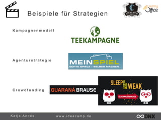 Beispiele für Strategien 
Kampagnenmodell 
A g e n t u r s t r a t e g i e 
Crowdfunding 
K a t j a A n d e s www. i d e a c a m p . d e 
 