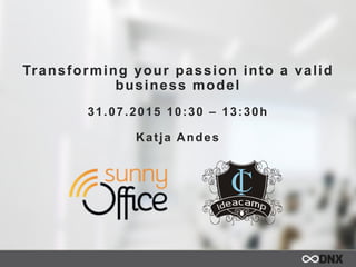 Transforming your passion into a valid
business model
31.07.2015 10:30 – 13:30h
Katja Andes
 