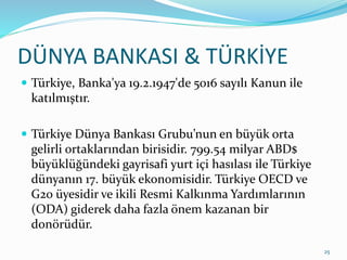 DÜNYA BANKASI & TÜRKİYE
 Türkiye, Banka'ya 19.2.1947'de 5016 sayılı Kanun ile
katılmıştır.
 Türkiye Dünya Bankası Grubu’nun en büyük orta
gelirli ortaklarından birisidir. 799.54 milyar ABD$
büyüklüğündeki gayrisafi yurt içi hasılası ile Türkiye
dünyanın 17. büyük ekonomisidir. Türkiye OECD ve
G20 üyesidir ve ikili Resmi Kalkınma Yardımlarının
(ODA) giderek daha fazla önem kazanan bir
donörüdür.
25
 