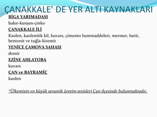 ÇANAKKALE’ DE YER ALTI KAYNAKLARI
BİGA YARIMADASI
bakır-kurşun-çinko
ÇANAKKALE İLİ
Kaolen, kaolenitik kil, kuvars, çimento hammaddeleri, mermer, barit,
bentonit ve tuğla-kiremit
YENİCE ÇAMOVA SAHASI
demir
EZİNE AHLATOBA
kuvars
ÇAN ve BAYRAMİÇ
kaolen

*Ülkemizin en büyük seramik üretim tesisleri Çan ilçesinde bulunmaktadır.
 