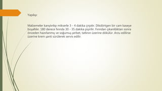Yapılışı:
Malzemeler karıştırılıp mikserle 3 - 4 dakika çırpılır. Dikdörtgen bir cam kaseye
boşaltılır. 180 derece fırında 30 - 35 dakika pişirilir. Fırından çıkarıldıktan sonra
önceden hazırlanmış ve soğumuş şerbet, tatlının üzerine dökülür. Arzu edilirse
üzerine krem şanti sürülerek servis edilir.
 