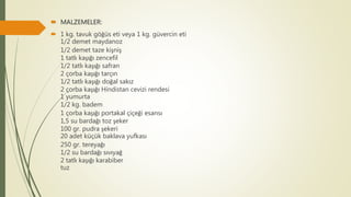  MALZEMELER:
 1 kg. tavuk göğüs eti veya 1 kg. güvercin eti
1/2 demet maydanoz
1/2 demet taze kişniş
1 tatlı kaşığı zencefil
1/2 tatlı kaşığı safran
2 çorba kaşığı tarçın
1/2 tatlı kaşığı doğal sakız
2 çorba kaşığı Hindistan cevizi rendesi
1 yumurta
1/2 kg. badem
1 çorba kaşığı portakal çiçeği esansı
1,5 su bardağı toz şeker
100 gr. pudra şekeri
20 adet küçük baklava yufkası
250 gr. tereyağı
1/2 su bardağı sıvıyağ
2 tatlı kaşığı karabiber
tuz
 