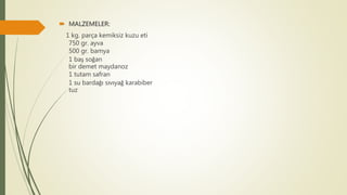  MALZEMELER:
1 kg. parça kemiksiz kuzu eti
750 gr. ayva
500 gr. bamya
1 baş soğan
bir demet maydanoz
1 tutam safran
1 su bardağı sıvıyağ karabiber
tuz
 