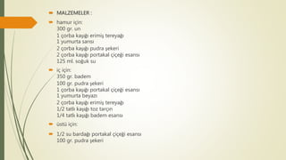  MALZEMELER :
 hamur için:
300 gr. un
1 çorba kaşığı erimiş tereyağı
1 yumurta sarısı
2 çorba kaşığı pudra şekeri
2 çorba kaşığı portakal çiçeği esansı
125 ml. soğuk su
 iç için:
350 gr. badem
100 gr. pudra şekeri
1 çorba kaşığı portakal çiçeği esansı
1 yumurta beyazı
2 çorba kaşığı erimiş tereyağı
1/2 tatlı kaşığı toz tarçın
1/4 tatlı kaşığı badem esansı
 üstü için:
 1/2 su bardağı portakal çiçeği esansı
100 gr. pudra şekeri
 