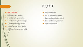 NİÇOİSE
 MALZEMELER:
 200 gram taze fasulye
 2 adet orta boy domates
 1 adet orta boy kırmızı soğan
 3 adet haşlanmış yumurta
 1/2 su bardağı siyah zeytin
 400 gram konserve ton balığı
 50 gram ançuez
 1/4 su bardağı zeytinyağı
 1 yemek kaşığı üzüm sirkesi
 1 diş rendelenmiş sarımsak
 1 çay kaşığı hardal
 
