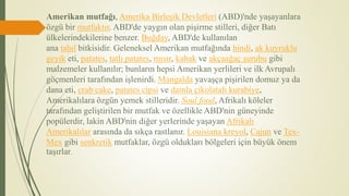 Amerikan mutfağı, Amerika Birleşik Devletleri (ABD)'nde yaşayanlara
özgü bir mutfaktır. ABD'de yaygın olan pişirme stilleri, diğer Batı
ülkelerindekilerine benzer. Buğday, ABD'de kullanılan
ana tahıl bitkisidir. Geleneksel Amerikan mutfağında hindi, ak kuyruklu
geyik eti, patates, tatlı patates, mısır, kabak ve akçaağaç şurubu gibi
malzemeler kullanılır; bunların hepsi Amerikan yerlileri ve ilk Avrupalı
göçmenleri tarafından işlenirdi. Mangalda yavaşça pişirilen domuz ya da
dana eti, crab cake, patates cipsi ve damla çikolatalı kurabiye,
Amerikalılara özgün yemek stilleridir. Soul food, Afrikalı köleler
tarafından geliştirilen bir mutfak ve özellikle ABD'nin güneyinde
popülerdir, lakin ABD'nin diğer yerlerinde yaşayan Afrikalı
Amerikalılar arasında da sıkça rastlanır. Louisiana kreyol, Cajun ve Tex-
Mex gibi senkretik mutfaklar, özgü oldukları bölgeleri için büyük önem
taşırlar.
 
