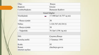 Ülke: Rusya
Başkent: Grozni
Cumhurbaşkanı: Ramazan Kadirov
Genel bilgiler
Yüzölçümü: 17.500 km² (6.757 sq mi)
- Rusya içinde: 30
Nüfus: 1.324.767 (02/2013)
- Rusya içinde: 38
- Yoğunluk: 76 /km² (196 /sq mi)
Dili: Çeçence,Rusça
Kuruluş tarihi: 3 Temmuz 1991
Kodu: 95
Resmi
internet sayfası:
chechnya.gov.ru
 