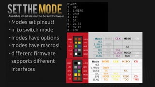 SETTHEmODE
• Modes set pinout!
• m to switch mode
• modes have options
• modes have macros!
• different firmware
supports different
interfaces
Available interfaces in the default firmware
 
