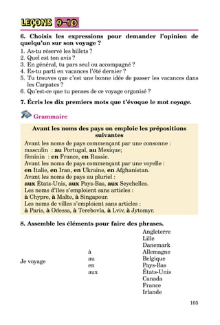 105
LEÇONS 9–10
6. Choisis les expressions pour demander l’opinion de
quelqu’un sur son voyage ?
1.	As-tu réservé les billets ?
2.	Quel est ton avis ?
3.	En général, tu pars seul ou accompagné ?
4.	Es-tu parti en vacances l’été dernier ?
5.	Tu trouves que c’est une bonne idée de passer les vacances dans
les Carpates ?
6.	Qu’est-ce que tu penses de ce voyage organisé ?
7. Écris les dix premiers mots que t’évoque le mot voyage.
Grammaire
Avant les noms des pays on emploie les prépositions
suivantes
Avant les noms de pays commençant par une consonne :
masculin  : au Portugal, au Mexique;
féminin  : en France, en Russie.
Avant les noms de pays commençant par une voyelle :
en Italie, en Iran, en Ukraine, en Afghanistan.
Avant les noms de pays au pluriel :
aux États-Unis, aux Pays-Bas, aux Seychelles.
Les noms d’îles s’emploient sans articles :
à Chypre, à Malte, à Singapour.
Les noms de villes s’emploient sans articles :
à Paris, à Odessa, à Terebovla, à Lviv, à Jytomyr.
8. Assemble les éléments pour faire des phrases.
		 Angleterre
		 Lille
		 Danemark
	 à	 Allemagne
Je voyage
	 au	 Belgique
	 en	 Pays-Bas
	 aux	 États-Unis
		 Canada
		 France
		 Irlande
 