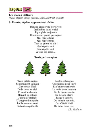 198
LEÇONS 7–8
Les mots à utiliser :
(Père, plaisir, vieux, cadeau, lettre, portrait, enfant)
9. Écoute, répète, apprends et récite.
Dans le grenier du Père Noël
Qui habite dans le ciel
Il y a plein de jouets
Et même un grand perroquet
Qui répète tout,
Qui répète tout,
Tout ce qu’on lui dit !
Qui répète tout
Qui répète tout
À tous ses amis ...
Trois petits sapins
Trois petits sapins
Se donnaient la main
Car c’était Noël
De la terre au ciel.
Prirent le chemin
Menant au village
Jusqu’à l’étalage
D’un grand magasin
Là ils se couvrirent
De tout ce qui brille
Boules et bougies
Guirlandes pour luire
Et s’en retournèrent
La main dans la main
Par le beau chemin
De l’étoile claire
Jusqu’à la forêt
Où minuit sonnait,
Car c’était Noël
De la terre au ciel.
J.L. Vanham
 