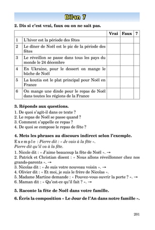 201
Bilan 7
2. Dis si c’est vrai, faux ou on ne sait pas.
Vrai Faux ?
1 L’hiver est la période des fêtes
2 Le dîner de Noël est le pic de la période des
fêtes
3 Le réveillon se passe dans tous les pays du
monde le 24 décembre
4 En Ukraine, pour le dessert on mange le
bûche de Noël
5 La koutia est le plat principal pour Noël en
France
6 On mange une dinde pour le repas de Noël
dans toutes les régions de la France
3. Réponds aux questions.
1. De quoi s’agit-il dans ce texte ?
2. Le repas de Noël se passe quand ?
3. Comment s’appelle ce repas ?
4. De quoi se compose le repas de fête ?
4. Mets les phrases au discours indirect selon l’exemple.
E x e m p l e  : Pierre dit : « Je vais à la fête ».
Pierre dit qu’il va à la fête.
1. Nicole dit : « J’aime beaucoup la fête de Noël ». →
2. Patrick et Christian disent : « Nous allons réveillonner chez nos
grands-parents ». →
3. Nicolas dit : « Je suis votre nouveau voisin ». →
4. Olivier dit : « Et moi, je suis le frère de Nicolas ».
5. Madame Martine demande : « Pouvez-vous ouvrir la porte ? ». →
6. Maman dit : « Qu’est-ce qu’il fait ? ». →
5. Raconte la fête de Noël dans votre famille.
6. Écris la composition « Le Jour de l’An dans notre famille ».
 