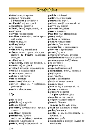 220
Vocabulaire
obtenir v отримувати
occasion f випадок
	 à l’occasion у зв’язку з
occidental adj західний
occupation f заняття
officiel, -le adj офіційний, а
oie f гуска
oisiveté f святковість
omnibus m омнібус; пасажир­сь­
кий поїзд
oncle m дядько
option f вибір
or m золото
ordinaire adj звичайний
ordre m наказ; орден; порядок
	 mettre de l’ordre наводити
по­рядок
oreille f вухо
orgueilleux, -euse adj гордий, а
oriental adj східний
origine f початок; походження
orné adj прикрашений
orner v прикрашати
oublier v забувати
ours m ведмідь
ouverture f відкриття
ouvrier, -ière m, f робітник,
робіт­ни­ця
ouvrir v відкривати
Pp
pain m хліб
paisible adj мирний
pâle adj блідий
pancarte f оголошення; афіша;
плакат
papillon m метелик
parenthèse f дужка
	 entre parenthèse у дужках
paresser v лінуватися
parfait, -e adj прекрасний, а
parfois adv іноді
partir v від’їжджати
partout adv скрізь
patient, -e adj терплячий, а
pauvre adj бідний
pauvreté f бідність
payer v платити
Pays-Bas m pl Нідерланди
peau f шкіра
pêcheur m риболов
peindre v малювати
peinture f живопис
pencher (se) v нахилятися
pénétrer v проникати
pensée f думка
perdre v втрачати, губити
perfectionner v поліпшувати
personne pron. indéf. ніхто
peu adv мало
peuple m народ
peuplé adj населений
pharmacien, -ne m, f аптекар
pie f сорока
pipe f трубка
placer v розміщати
plaisir m задоволення
plaque f знак
plein, -e adj наповнений, а
pleurer v плакати
pleuvoir v дощити
	 il a plu пройшов дощ
plombier m сантехнік
plonger v занурюватися
plus adv більше
	 en plus de loc. adv. крім
plutôt adv швидше; краще
poche f кишеня
pointu, -e adj гостроносий, а;
точ­ний, а
poisson m риба
poissonnerie f рибний відділ (у
ма­газині)
 
