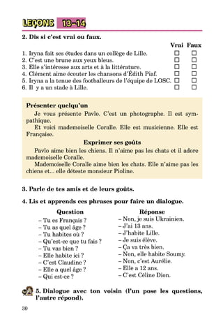 30
LEÇONS 13–14
2. Dis si c’est vrai ou faux.
		 Vrai	 Faux
1.	Iryna fait ses études dans un collège de Lille.	 	 	
2.	C’est une brune aux yeux bleus.	 	 	
3.	Elle s’intéresse aux arts et à la littérature.	 	 	
4.	Clément aime écouter les chansons d’Édith Piaf.	 	 	
5.	Iryna a la tenue des footballeurs de l’équipe de LOSC.	 	 	
6.	Il y a un stade à Lille. 	 	 	
Présenter quelqu’un
Je vous présente Pavlo. C’est un photographe. Il est sym­
pathique.
Et voici mademoiselle Coralle. Elle est musicienne. Elle est
Française.
Exprimer ses goûts
Pavlo aime bien les chiens. Il n’aime pas les chats et il adore
mademoiselle Coralle.
Mademoiselle Coralle aime bien les chats. Elle n’aime pas les
chiens et... elle déteste monsieur Pioline.
3. Parle de tes amis et de leurs goûts.
4. Lis et apprends ces phrases pour faire un dialogue.
Question
– Tu es Français ?
– Tu as quel âge ?
– Tu habites où ?
– Qu’est-ce que tu fais ?
– Tu vas bien ?
– Elle habite ici ?
– C’est Claudine ?
– Elle a quel âge ?
– Qui est-ce ?
Réponse
– Non, je suis Ukrainien.
– J’ai 13 ans.
– J’habite Lille.
– Je suis élève.
– Ça va très bien.
– Non, elle habite Soumy.
– Non, c’est Aurélie.
– Elle a 12 ans.
– C’est Céline Dion.
5. Dialogue avec ton voisin (l’un pose les questions,
l’autre répond).
 