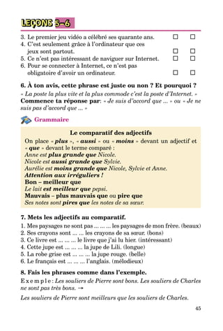 45
LEÇONS 5–6
3.	Le premier jeu vidéo a célébré ses quarante ans.	 	 	
4.	C’est seulement grâce à l’ordinateur que ces
jeux sont partout.	 	 	
5.	Ce n’est pas intéressant de naviguer sur Internet.	 	 	
6.	Pour se connecter à Internet, ce n’est pas
obligatoire d’avoir un ordinateur.	 	 	
6. À ton avis, cette phrase est juste ou non ? Et pourquoi ?
« La poste la plus vite et la plus commode c’est la poste d’Internet. »
Commence ta réponse par: « Je suis d’accord que ... » ou « Je ne
suis pas d’accord que ... »
Grammaire
Le comparatif des adjectifs
On place « plus », « aussi » ou « moins » devant un adjectif et
« que » devant le terme comparé :
Anne est plus grande que Nicole.
Nicole est aussi grande que Sylvie.
Aurélie est moins grande que Nicole, Sylvie et Anne.
Attention aux irréguliers !
Bon – meilleur que
Le lait est meilleur que pepsi.
Mauvais – plus mauvais que ou pire que
Ses notes sont pires que les notes de sa sœur.
7. Mets les adjectifs au comparatif.
1. Mes paysages ne sont pas ... ... ... les paysages de mon frère. (beaux)
2. Ses crayons sont ... ... les crayons de sa sœur. (bons)
3. Ce livre est ... ... ... le livre que j’ai lu hier. (intéressant)
4. Cette jupe est ... ... ... la jupe de Lili. (longue)
5. La robe grise est ... ... ... la jupe rouge. (belle)
6. Le français est ... ... ... l’anglais. (mélodieux)
8. Fais les phrases comme dans l’exemple.
E x e m p l e : Les souliers de Pierre sont bons. Les souliers de Charles
ne sont pas très bons. →
Les souliers de Pierre sont meilleurs que les souliers de Charles.
 