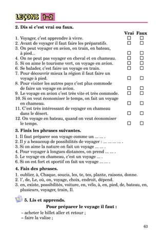 63
LEÇONS 1–2
2. Dis si c’est vrai ou faux.
		 Vrai	 Faux
1.	Voyager, c’est apprendre à vivre.	 	 	
2.	Avant de voyager il faut faire les préparatifs.	 	
3.	On peut voyager en avion, en train, en bateau,
à pied... 	 	 	
4.	On ne peut pas voyager en cheval et en chameau.	 	 	
5.	Si on aime le tourisme vert, on voyage en avion.	 	 	
6.	Se balader, c’est faire un voyage en train.	 	 	
7.	Pour découvrir mieux la région il faut faire un
	 voyage à pied.	 	 	
8.	Pour visiter les autres pays c’est plus commode
	 de faire un voyage en avion.	 	 	
9.	Le voyage en avion c’est très vite et très commode. 	 	 	
10. Si on veut économiser le temps, on fait un voyage
	 en chameau.	 	 	
11. C’est très intéressant de voyager en chameau
	 dans le désert.	 	 	
12. On voyage en bateau, quand on veut économiser
	 le temps.	 	 	
3. Finis les phrases suivantes.
1. Il faut préparer son voyage comme un ... ... .
2. Il y a beaucoup de possibilités de voyager : ... ... ... ... .
3. Si on aime la nature on fait un voyage ... ... .
4. Pour voyager à longues distances, on prend ... ... .
5. Le voyage en chameau, c’est un voyage ... .
6. Si on est fort et sportif on fait un voyage ... ... .
4. Fais des phrases.
1.	oublier, à, Chaque, soucis, les, te, tes, plante, raisons, donne.
2.	l’, de, Le, où, on, voyage, choix, endroit, dépend.
3.	en, existe, possibilités, voiture, en, vélo, à, en, pied, de, bateau, en,
plusieurs, voyager, train, Il.
5. Lis et apprends.
Pour préparer le voyage il faut :
– acheter le billet aller et retour ;
– faire la valise ;
 