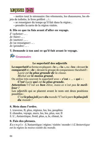 64
LEÇONS 1–2
– mettre tout le nécessaire (les vêtements, les chaussures, les ob­
jets de toilette, le livre préféré ...) ;
– se renseigner du temps qu’il fait dans la région ;
– prendre la carte de la région visitée.
6. Dis ce que tu fais avant d’aller en voyage.
J’ (acheter) ... .
Je (faire) ... .
Je (mettre) .... .
Je (se renseigner) ... .
Je (prendre) ... .
7. Demande à ton ami ce qu’il fait avant le voyage.
Grammaire
Le superlatif des adjectifs
Le superlatif se forme en plaçant « le », « la », ou « les » devant le
comparatif et « de » devant le groupe de comparaison (facultatif) :
Lucie est la plus grande de la classe.
Michel est le moins grand.
On utilise très souvent le superlatif avec « c’est » ... « qui » :
C’est Lucie qui est la plus grande.
Attention ! C’est un bon élève, mais ce n’est pas le meil­
leur !
Les adjectifs qui se placent avant le nom ont deux positions
possibles :
C’estleplusjoliparcdumonde!C’estleparcleplusjoli
du monde !
8. Mets dans l’ordre.
1. traverse, Il, plus, régions, les, les, peuplées
2. chaudes, voyage, mers, les, les, plus, sur, Il
3. L’, Antarctique, froid, plus, a, le, climat, le
9. Fais des phrases.
E x e m p l e : L’Antarctique / région / visitée / monde (-) L’Antarctique
est la région la moins visitée du monde.
 