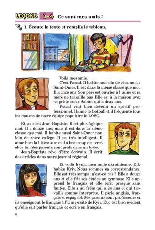 8
LEÇONS 3–4 Ce sont mes amis !
1. Écoute le texte et remplis le tableau.
Voilà mes amis.
C’est Pascal. Il habite non loin de chez moi, à
Saint-Omer. Il est dans la même classe que moi.
Il a onze ans. Son père est ouvrier à l’usine et sa
mère ne travaille pas. Elle est à la maison avec
sa petite sœur Sabine qui a deux ans.
Pascal veut bien devenir un sportif pro­
fessionnel. Il aime le football et il fréquente tous
les matchs de notre équipe populaire le LOSC.
Et ça, c’est Jean-Baptiste. Il est plus âgé que
moi. Il a douze ans, mais il est dans la même
classe que moi. Il habite aussi Saint-Omer non
loin de notre collège. Il est très intelligent. Il
aime bien la littérature et il a beaucoup de livres
chez lui. Ses parents sont profs dans un lycée.
Jean-Baptiste rêve d’être écrivain. Il écrit
des articles dans notre journal régional.
Et voilà Iryna, mon amie ukrai­nienne. Elle
habite Kyiv. Nous sommes en correspondance.
Elle est très sympa, n’est-ce pas ? Elle a douze
ans et elle fait ses études au gymnase. Elle ap­
prend le français et elle écrit presque­ sans
fautes. Elle a un frère qui a 24 ans et qui tra­
vaille comme interprète. Il parle anglais, fran­
çais et espagnol. Ses parents sont professeurs et
ils enseignent le français à l’Université de Kyiv. Et c’est bien évident
qu’elle sait parler français et écrire en français.
 