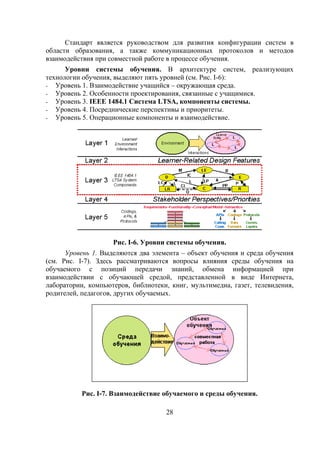 Стандарт является руководством для развития конфигурации систем в
области образования, а также коммуникационных протоколов и методов
взаимодействия при совместной работе в процессе обучения.
      Уровни системы обучения. В архитектуре систем, реализующих
технологии обучения, выделяют пять уровней (см. Рис. I-6):
- Уровень 1. Взаимодействие учащийся – окружающая среда.
- Уровень 2. Особенности проектирования, связанные с учащимися.
- Уровень 3. IEEE 1484.1 Система LTSA, компоненты системы.
- Уровень 4. Посреднические перспективы и приоритеты.
- Уровень 5. Операционные компоненты и взаимодействие.




                    Рис. I-6. Уровни системы обучения.
      Уровень 1. Выделяются два элемента – объект обучения и среда обучения
(см. Рис. I-7). Здесь рассматриваются вопросы влияния среды обучения на
обучаемого с позиций передачи знаний, обмена информацией при
взаимодействии с обучающей средой, представленной в виде Интернета,
лаборатории, компьютеров, библиотеки, книг, мультимедиа, газет, телевидения,
родителей, педагогов, других обучаемых.




           Рис. I-7. Взаимодействие обучаемого и среды обучения.

                                    28
 