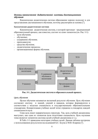 Основы канонической дидактической системы дистанционного
обучения
      Каноническая дидактическая система образования хорошо подходит и для
представления дистанционного обучения, поэтому рассмотрим ее основы [3].
Каноническая дидактическая система
      Каноническая дидактическая система, в которой протекает традиционный
образовательный процесс, как известно, состоит из семи элементов (см. Рис. I-1):
- цели обучения;
- обучаемые;
- содержание обучения;
- преподаватели;
- средства обучения;
- дидактические процессы;
- организационные формы обучения.



                                    Преподаватели                ТСО




     Цели обучения и
       воспитания                               Дидактические
                            Содержание            процессы
                            обучения и
                            воспитания

        Учащиеся                               Организационные
                                                    формы


        Рис. I-1. Дидактическая система и образовательный процесс.

Цель обучения
      Целью обучения называется желаемый результат обучения. Цель обучения
составляет систему и знаний, умений и навыков, которые формируются в
соответствии с моделью специалиста и государственными образовательными
стандартами. Конкретизация учебных целей четко отражена в стандартах каждой
специальности вуза.
      Сама цель имеет иерархическую структуру. Так, цель учебной дисциплины
выступает, как один из элементов цели подготовки специалиста. Цель изучения
темы является элементом системы целей учебной дисциплины и т.д.
      В Табл. I-1 приведены категории учебных целей. Данная таблица построена
с использованием результатов исследований Б.С. Блума и М.В. Кларина [4].
                                       6
 