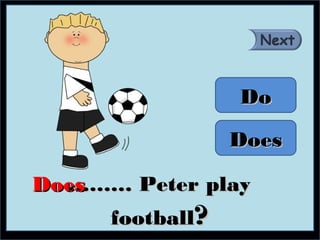 Do

                 Does

Does
  ……… Peter play
     football?
 