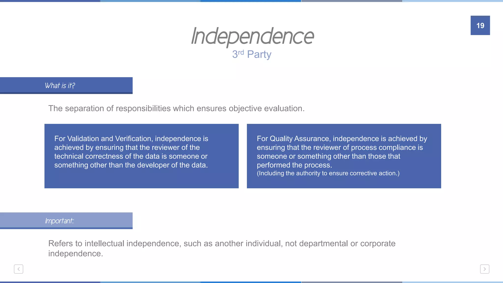 Independence
19
The separation of responsibilities which ensures objective evaluation.
3rd Party
Refers to intellectual independence, such as another individual, not departmental or corporate
independence.
What is it?
For Quality Assurance, independence is achieved by
ensuring that the reviewer of process compliance is
someone or something other than those that
performed the process.
(Including the authority to ensure corrective action.)
For Validation and Verification, independence is
achieved by ensuring that the reviewer of the
technical correctness of the data is someone or
something other than the developer of the data.
Important:
 