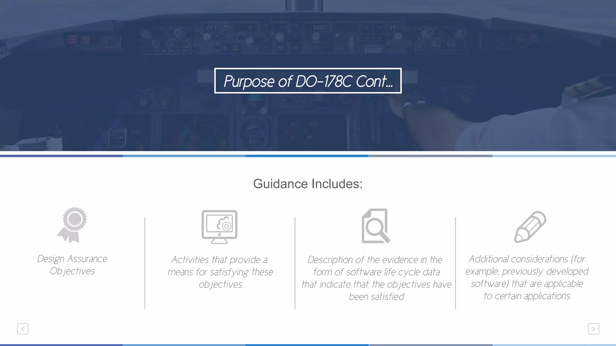 Purpose of DO-178C Cont...
Guidance Includes:
Design Assurance
Objectives
Activities that provide a
means for satisfying these
objectives
Description of the evidence in the
form of software life cycle data
that indicate that the objectives have
been satisfied
Additional considerations (for
example, previously developed
software) that are applicable
to certain applications
 