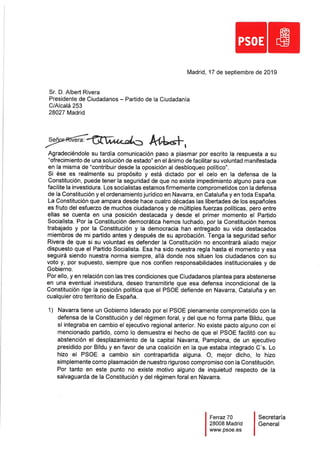Carta de Pedro Sánchez a Albert Rivera