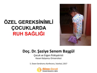 ÖZEL GEREKSİNİMLİ
ÇOCUKLARDA
RUH SAĞLIĞI
Doç. Dr. Şaziye Senem Başgül
Çocuk ve Ergen Psikiyatristi
Hasan Kalyoncu Üniversitesi
5. Down Sendromu Konferansı, İstanbul, 2017
 