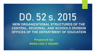 DO. 52 s. 2015
Prepared by:
MONA LISA T. MAGNO
NEW ORGANIZATIONAL STRUCTURES OF THE
CENTRAL, REGIONAL, AND SCHOOLS DIVISION
OFFICES OF THE DEPARTMENT OF EDUCATION
 