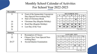 Monthly School Calendar of Activities
For School Year 2022-2023
 
