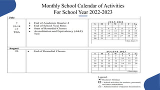 Monthly School Calendar of Activities
For School Year 2022-2023
 