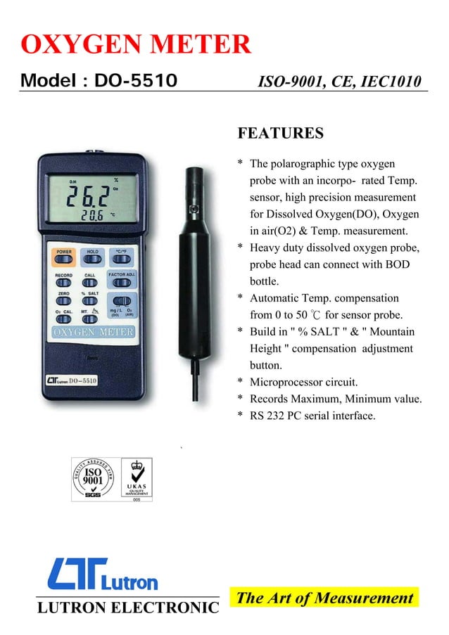 High Precision Oxygen Meter Measures Dissolved O2, O2 in Air
