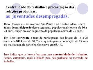 Centralidade do trabalho e precarização das relações produtivas:   as  juventudes desempregadas. Belo Horizonte – assim como São Paulo e o Distrito Federal – tem  taxas de participação  desse segmento populacional (jovens de 16 a 24 anos) superiores ao segmento da população acima de 25 anos. Em  Belo Horizonte  a taxa de participação dos jovens de 16 a 24 anos, em  2005 , era de 70,6%, enquanto para a população de 25 anos ou mais a taxa de participação estava em 65,4%.  Isso indica que os jovens buscam uma  oportunidade de trabalho , sendo, entretanto, mais afetados pela desigualdade do mercado de trabalho.   