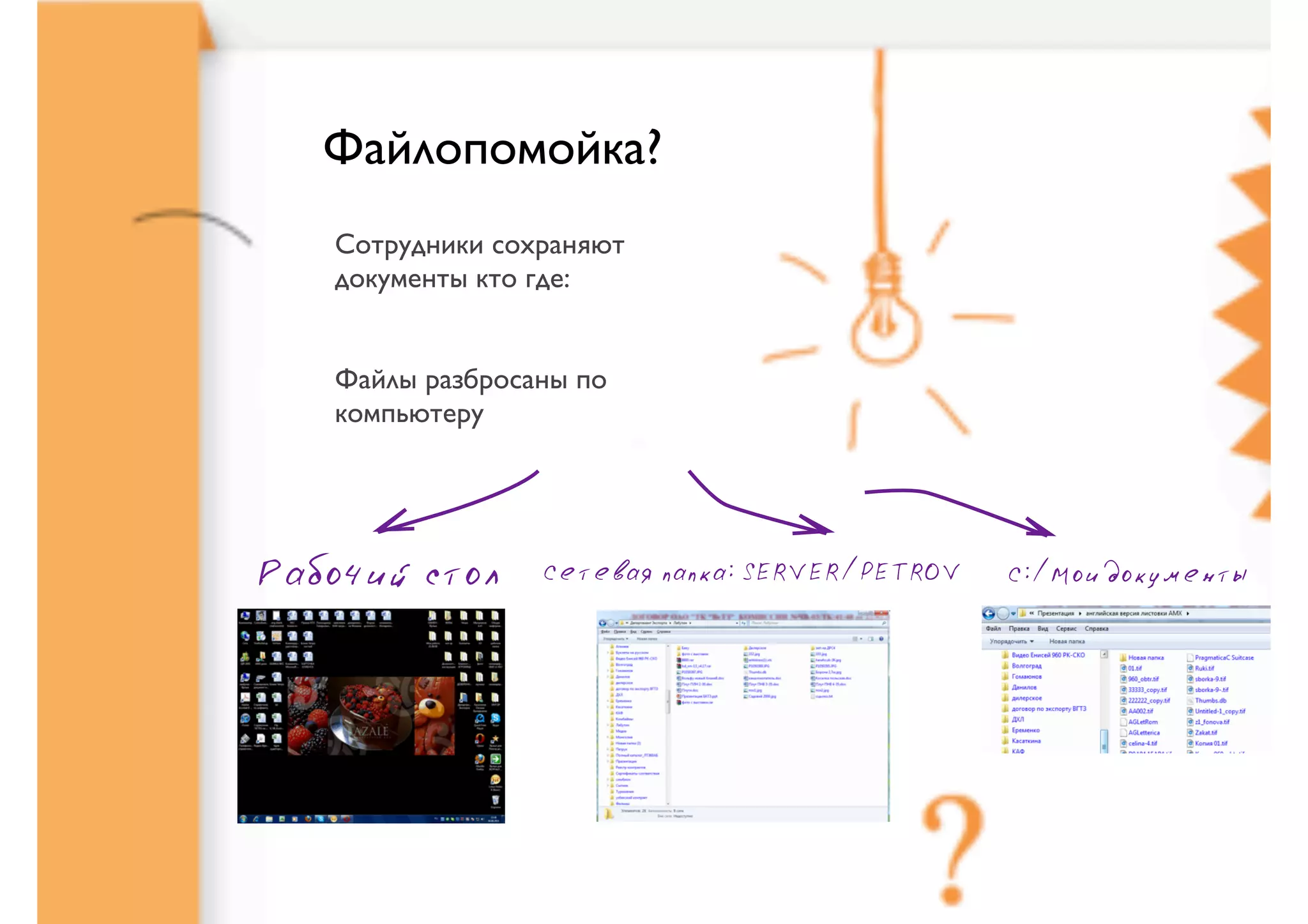 Файлопомойка?
   Сотрудники сохраняют
   документы кто где:


   Файлы разбросаны по
   компьютеру




Рабочий стол     Сетевая папка: SERVER/PETROV   С:/Мои документы
 