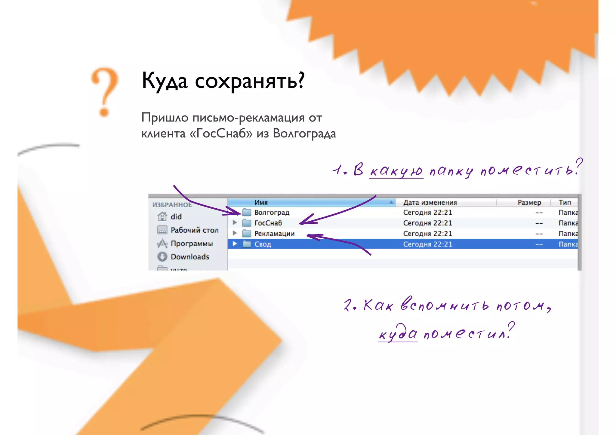Куда сохранять?
Пришло письмо-рекламация от
клиента «ГосСнаб» из Волгограда

                              1. В какую папку поместить?




                                  2. Как вспомнить потом,
                                      куда поместил?
 